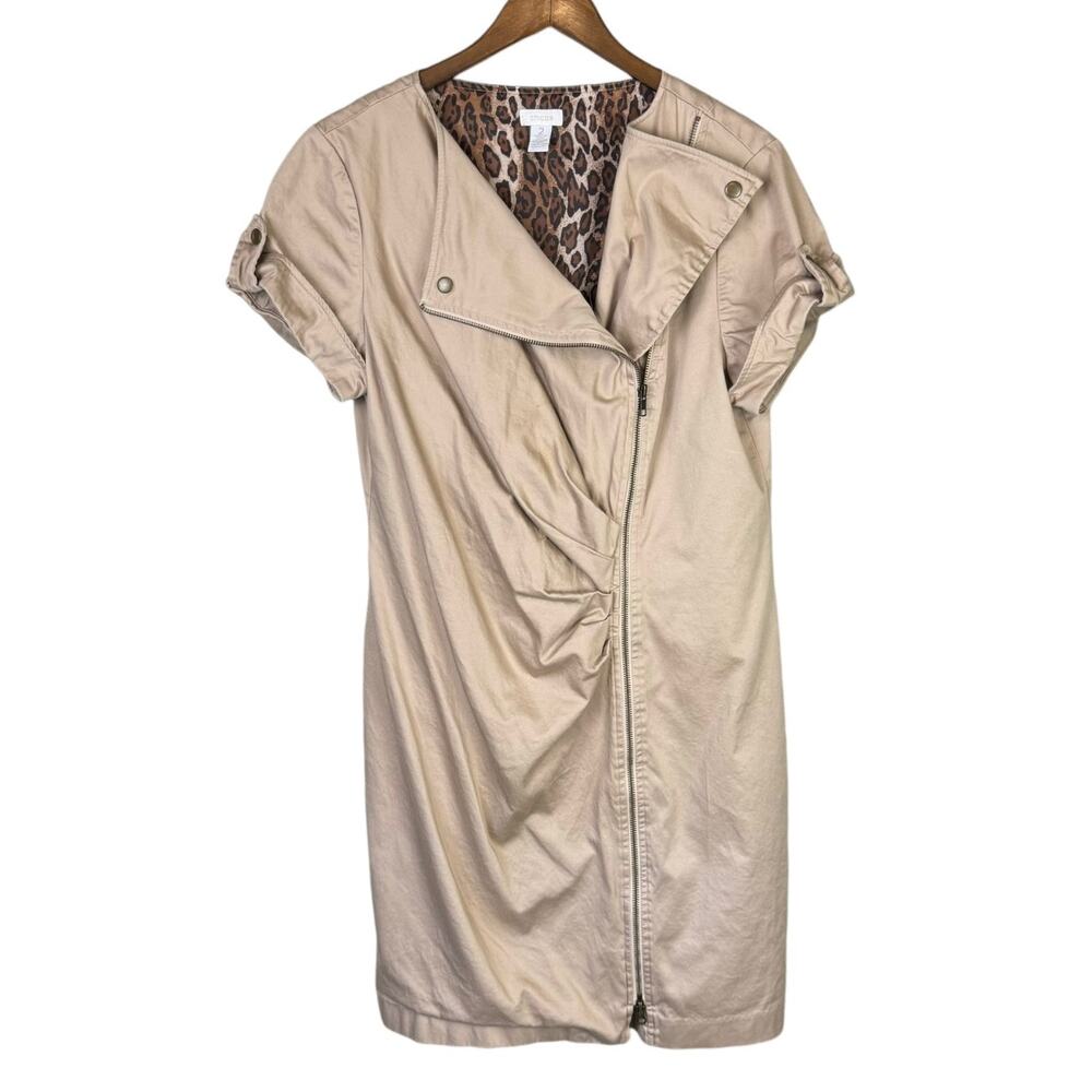 Chico’s Sz 2 Picture Perfect Azalea Khaki Full Zip Ruched Knee Length Dress - Picture 8 of 12